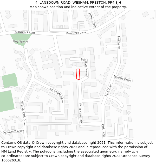 4, LANSDOWN ROAD, WESHAM, PRESTON, PR4 3JH: Location map and indicative extent of plot