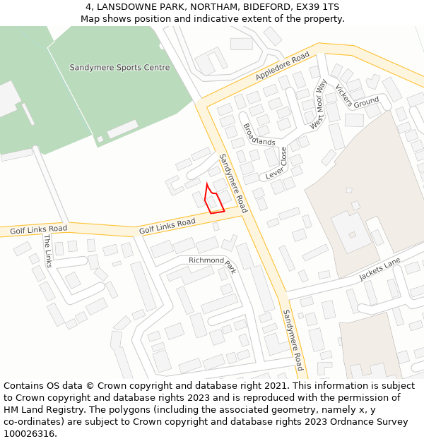 4, LANSDOWNE PARK, NORTHAM, BIDEFORD, EX39 1TS: Location map and indicative extent of plot