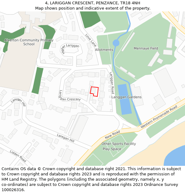 4, LARIGGAN CRESCENT, PENZANCE, TR18 4NH: Location map and indicative extent of plot