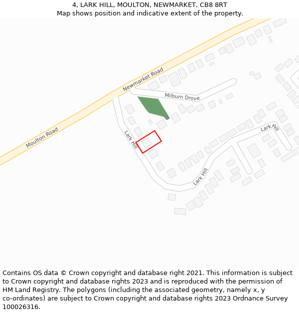 4, LARK HILL, MOULTON, NEWMARKET, CB8 8RT: Location map and indicative extent of plot