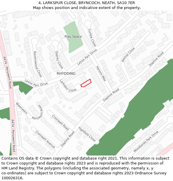 4, LARKSPUR CLOSE, BRYNCOCH, NEATH, SA10 7ER: Location map and indicative extent of plot