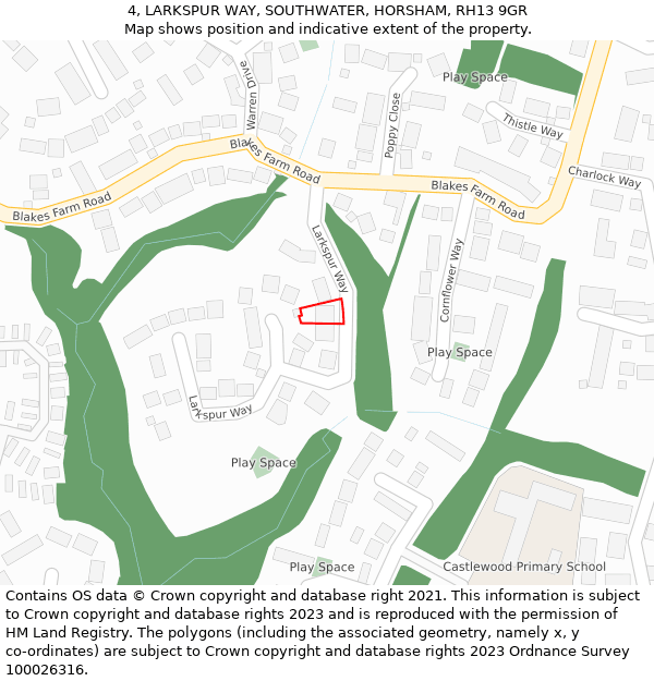 4, LARKSPUR WAY, SOUTHWATER, HORSHAM, RH13 9GR: Location map and indicative extent of plot