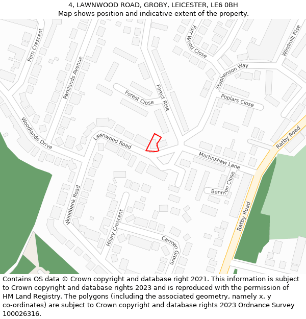 4, LAWNWOOD ROAD, GROBY, LEICESTER, LE6 0BH: Location map and indicative extent of plot