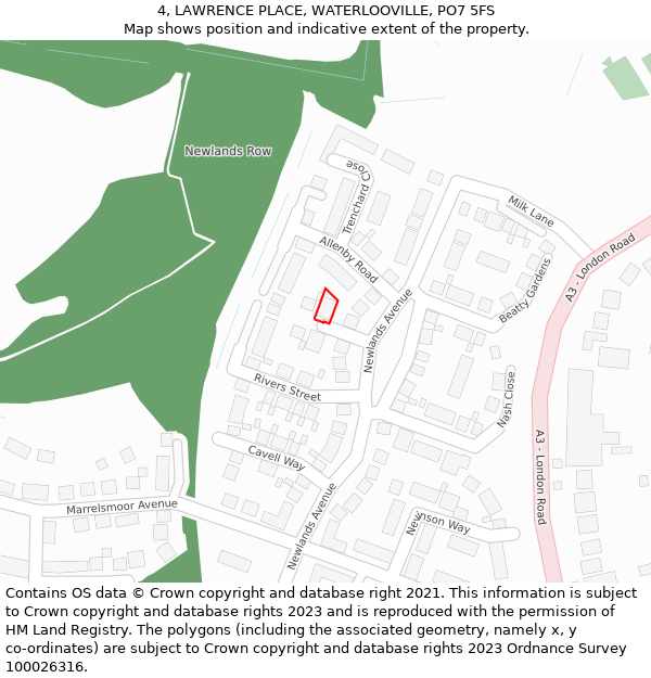 4, LAWRENCE PLACE, WATERLOOVILLE, PO7 5FS: Location map and indicative extent of plot