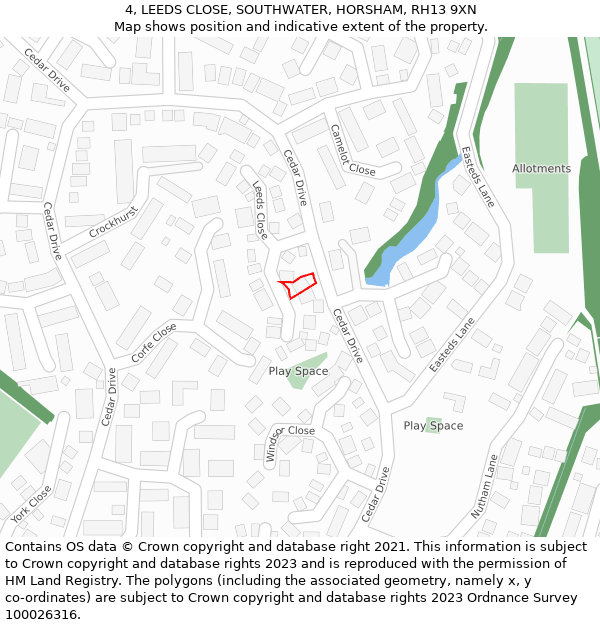 4, LEEDS CLOSE, SOUTHWATER, HORSHAM, RH13 9XN: Location map and indicative extent of plot