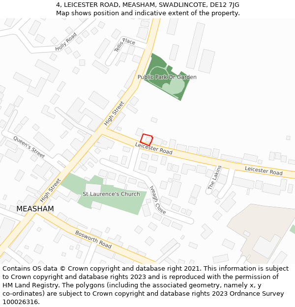 4, LEICESTER ROAD, MEASHAM, SWADLINCOTE, DE12 7JG: Location map and indicative extent of plot