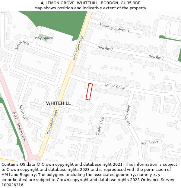 4, LEMON GROVE, WHITEHILL, BORDON, GU35 9BE: Location map and indicative extent of plot