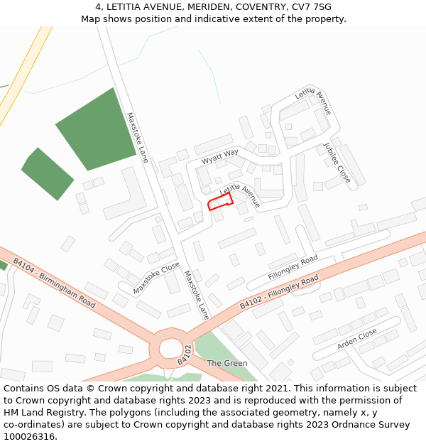 4, LETITIA AVENUE, MERIDEN, COVENTRY, CV7 7SG: Location map and indicative extent of plot