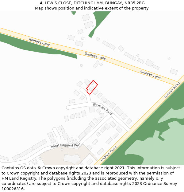 4, LEWIS CLOSE, DITCHINGHAM, BUNGAY, NR35 2RG: Location map and indicative extent of plot