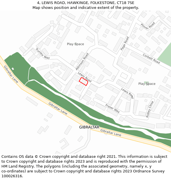 4, LEWIS ROAD, HAWKINGE, FOLKESTONE, CT18 7SE: Location map and indicative extent of plot