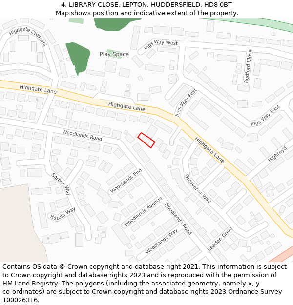 4, LIBRARY CLOSE, LEPTON, HUDDERSFIELD, HD8 0BT: Location map and indicative extent of plot