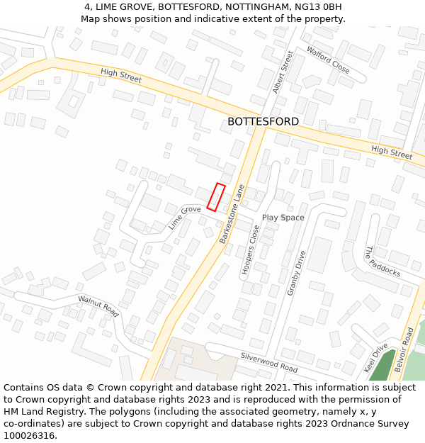4, LIME GROVE, BOTTESFORD, NOTTINGHAM, NG13 0BH: Location map and indicative extent of plot