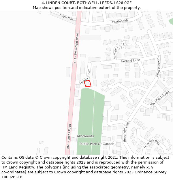 4, LINDEN COURT, ROTHWELL, LEEDS, LS26 0GF: Location map and indicative extent of plot