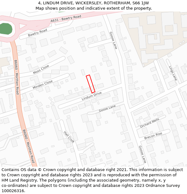 4, LINDUM DRIVE, WICKERSLEY, ROTHERHAM, S66 1JW: Location map and indicative extent of plot