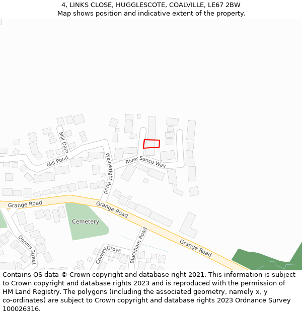 4, LINKS CLOSE, HUGGLESCOTE, COALVILLE, LE67 2BW: Location map and indicative extent of plot