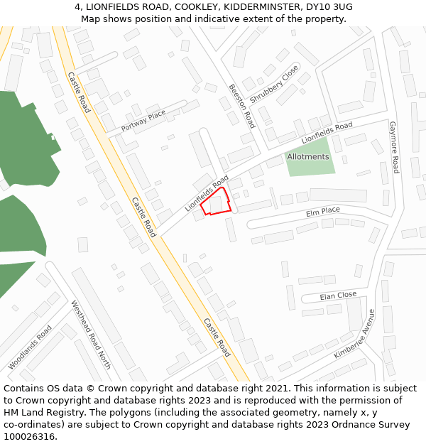 4, LIONFIELDS ROAD, COOKLEY, KIDDERMINSTER, DY10 3UG: Location map and indicative extent of plot