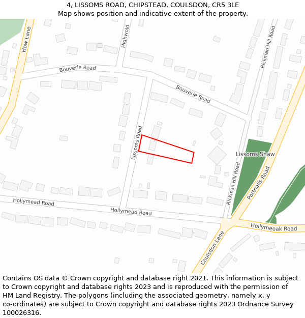 4, LISSOMS ROAD, CHIPSTEAD, COULSDON, CR5 3LE: Location map and indicative extent of plot