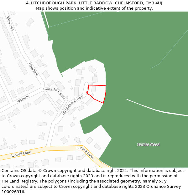 4, LITCHBOROUGH PARK, LITTLE BADDOW, CHELMSFORD, CM3 4UJ: Location map and indicative extent of plot