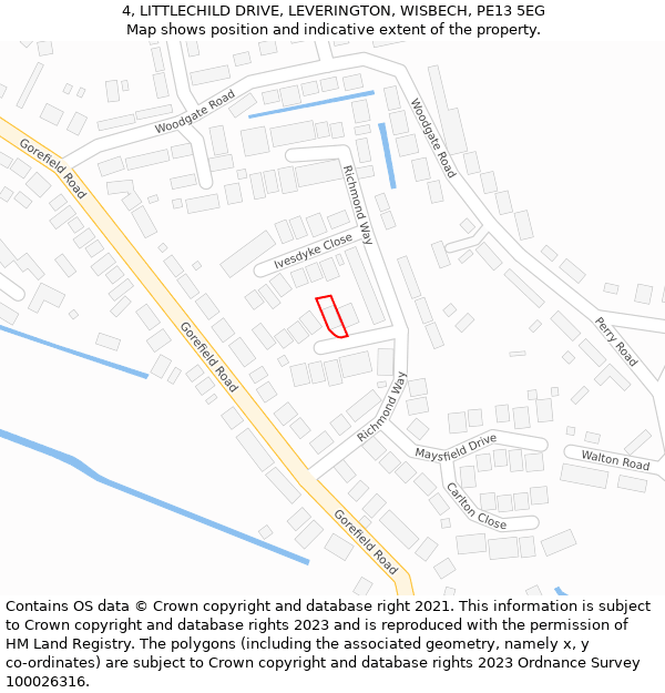 4, LITTLECHILD DRIVE, LEVERINGTON, WISBECH, PE13 5EG: Location map and indicative extent of plot