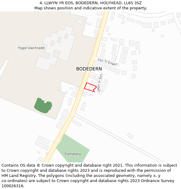 4, LLWYN YR EOS, BODEDERN, HOLYHEAD, LL65 3SZ: Location map and indicative extent of plot