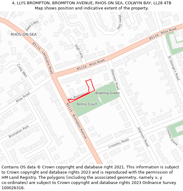 4, LLYS BROMPTON, BROMPTON AVENUE, RHOS ON SEA, COLWYN BAY, LL28 4TB: Location map and indicative extent of plot