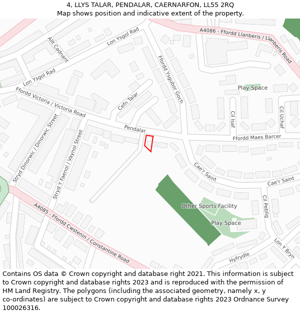 4, LLYS TALAR, PENDALAR, CAERNARFON, LL55 2RQ: Location map and indicative extent of plot