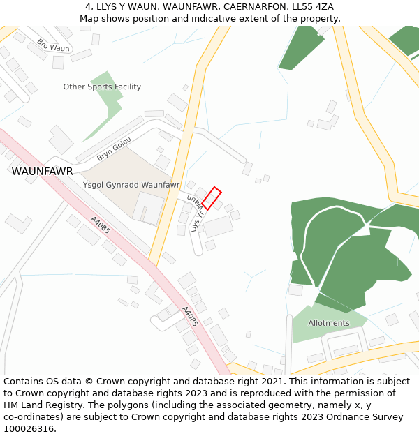 4, LLYS Y WAUN, WAUNFAWR, CAERNARFON, LL55 4ZA: Location map and indicative extent of plot
