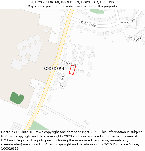 4, LLYS YR ENGAN, BODEDERN, HOLYHEAD, LL65 3SX: Location map and indicative extent of plot