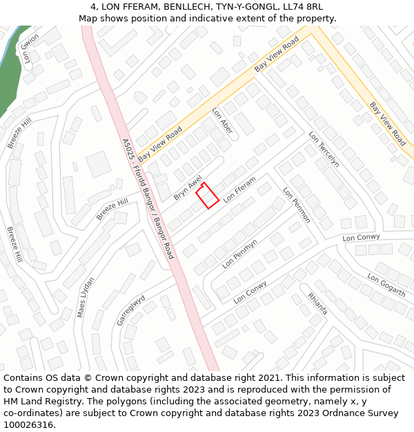 4, LON FFERAM, BENLLECH, TYN-Y-GONGL, LL74 8RL: Location map and indicative extent of plot