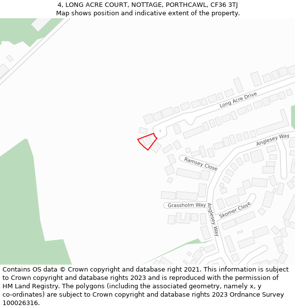 4, LONG ACRE COURT, NOTTAGE, PORTHCAWL, CF36 3TJ: Location map and indicative extent of plot