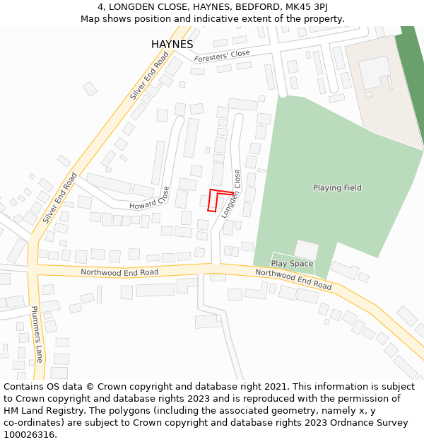 4, LONGDEN CLOSE, HAYNES, BEDFORD, MK45 3PJ: Location map and indicative extent of plot