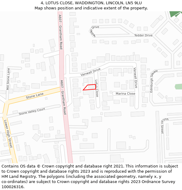 4, LOTUS CLOSE, WADDINGTON, LINCOLN, LN5 9LU: Location map and indicative extent of plot