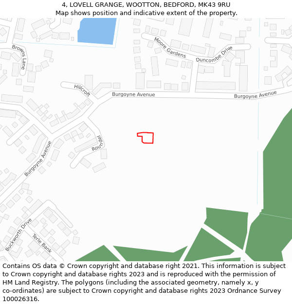 4, LOVELL GRANGE, WOOTTON, BEDFORD, MK43 9RU: Location map and indicative extent of plot