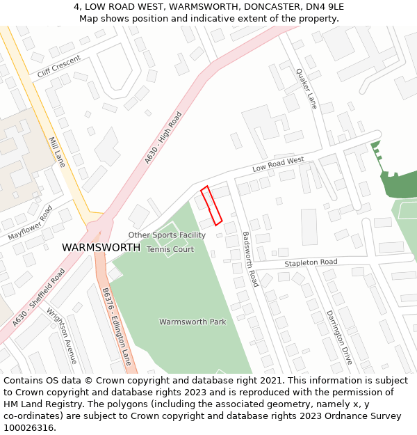 4, LOW ROAD WEST, WARMSWORTH, DONCASTER, DN4 9LE: Location map and indicative extent of plot