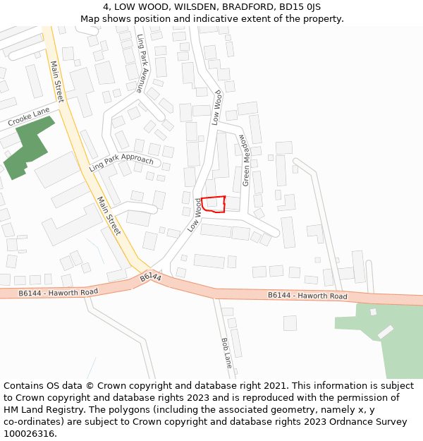 4, LOW WOOD, WILSDEN, BRADFORD, BD15 0JS: Location map and indicative extent of plot