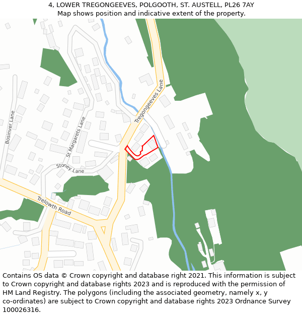4, LOWER TREGONGEEVES, POLGOOTH, ST. AUSTELL, PL26 7AY: Location map and indicative extent of plot