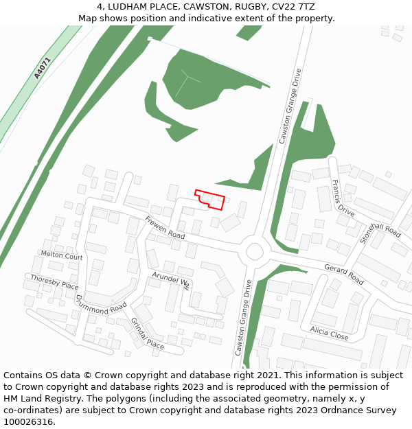 4, LUDHAM PLACE, CAWSTON, RUGBY, CV22 7TZ: Location map and indicative extent of plot