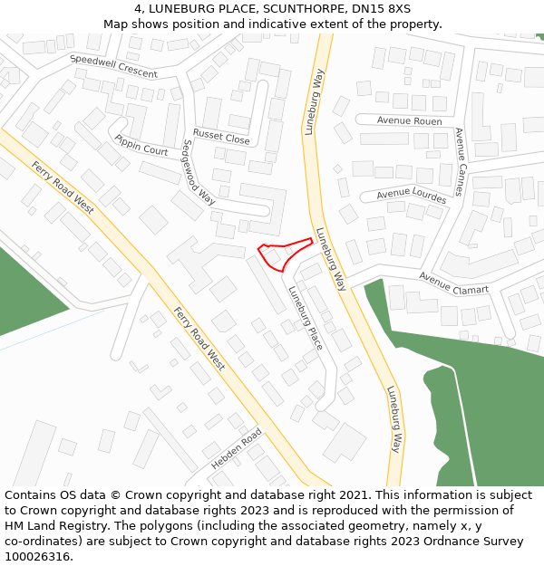 4, LUNEBURG PLACE, SCUNTHORPE, DN15 8XS: Location map and indicative extent of plot