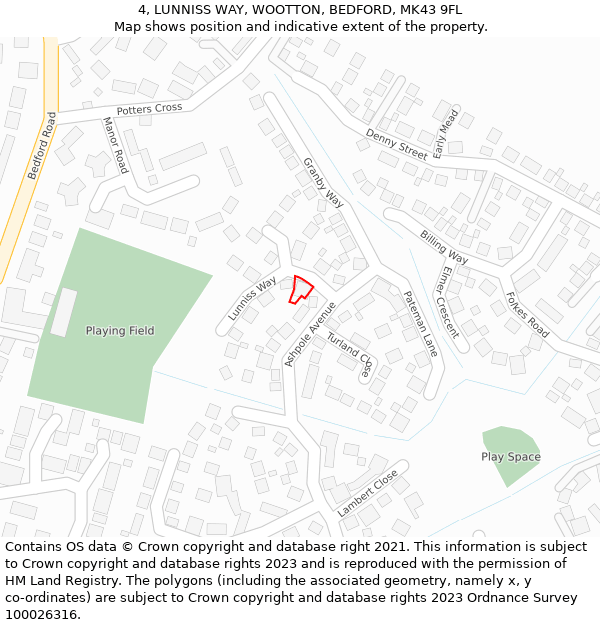 4, LUNNISS WAY, WOOTTON, BEDFORD, MK43 9FL: Location map and indicative extent of plot