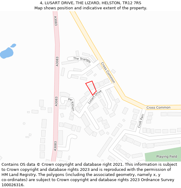 4, LUSART DRIVE, THE LIZARD, HELSTON, TR12 7RS: Location map and indicative extent of plot