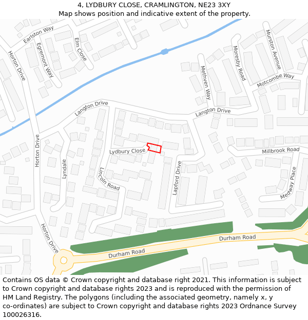 4, LYDBURY CLOSE, CRAMLINGTON, NE23 3XY: Location map and indicative extent of plot