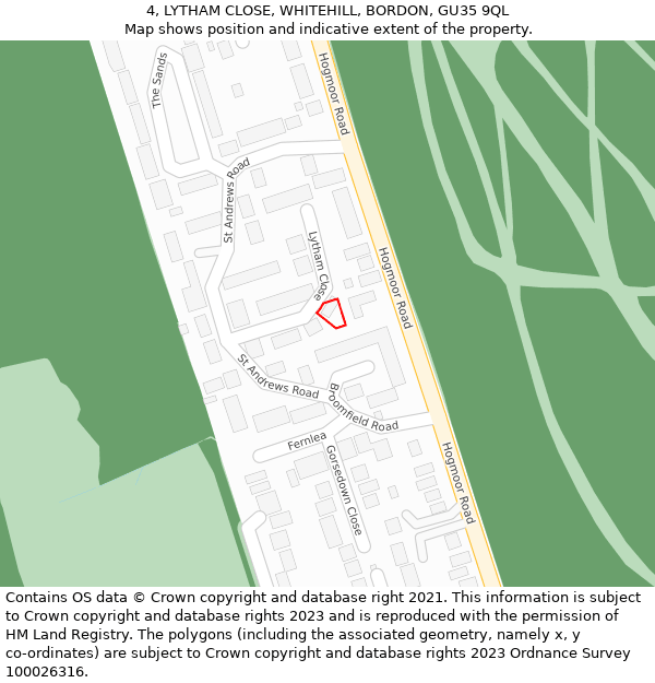 4, LYTHAM CLOSE, WHITEHILL, BORDON, GU35 9QL: Location map and indicative extent of plot