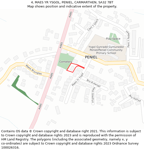 4, MAES YR YSGOL, PENIEL, CARMARTHEN, SA32 7BT: Location map and indicative extent of plot