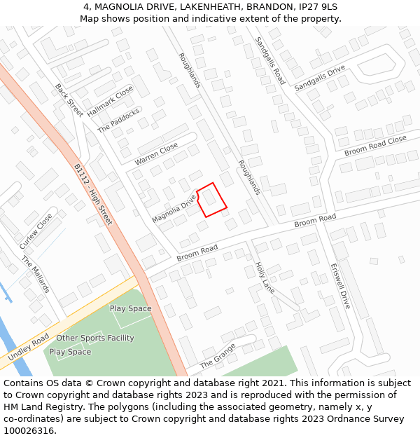 4, MAGNOLIA DRIVE, LAKENHEATH, BRANDON, IP27 9LS: Location map and indicative extent of plot