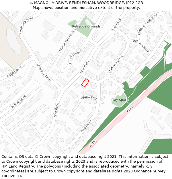 4, MAGNOLIA DRIVE, RENDLESHAM, WOODBRIDGE, IP12 2GB: Location map and indicative extent of plot