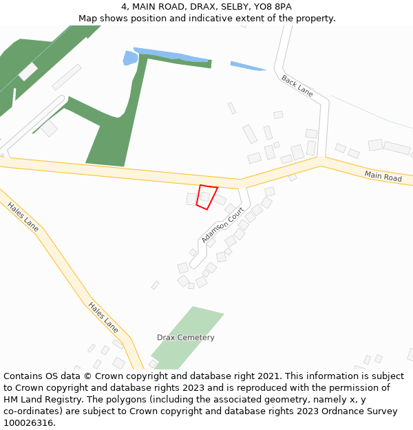 4, MAIN ROAD, DRAX, SELBY, YO8 8PA: Location map and indicative extent of plot