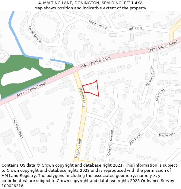 4, MALTING LANE, DONINGTON, SPALDING, PE11 4XA: Location map and indicative extent of plot