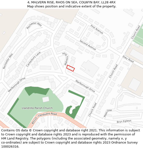 4, MALVERN RISE, RHOS ON SEA, COLWYN BAY, LL28 4RX: Location map and indicative extent of plot