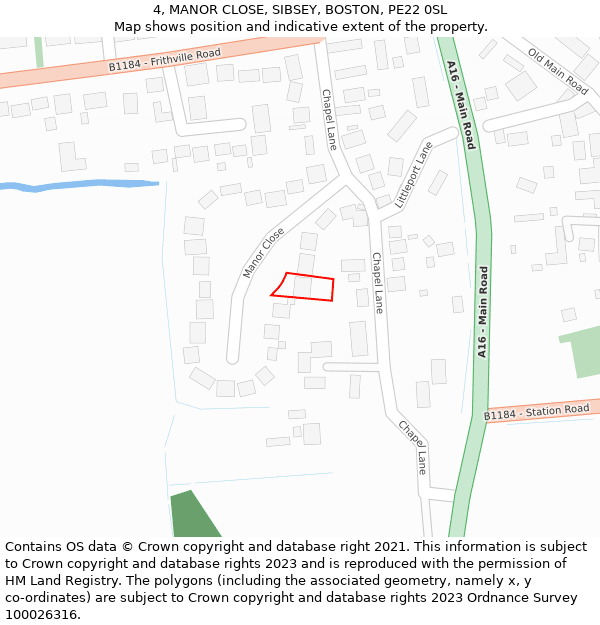 4, MANOR CLOSE, SIBSEY, BOSTON, PE22 0SL: Location map and indicative extent of plot