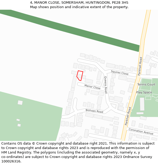 4, MANOR CLOSE, SOMERSHAM, HUNTINGDON, PE28 3HS: Location map and indicative extent of plot